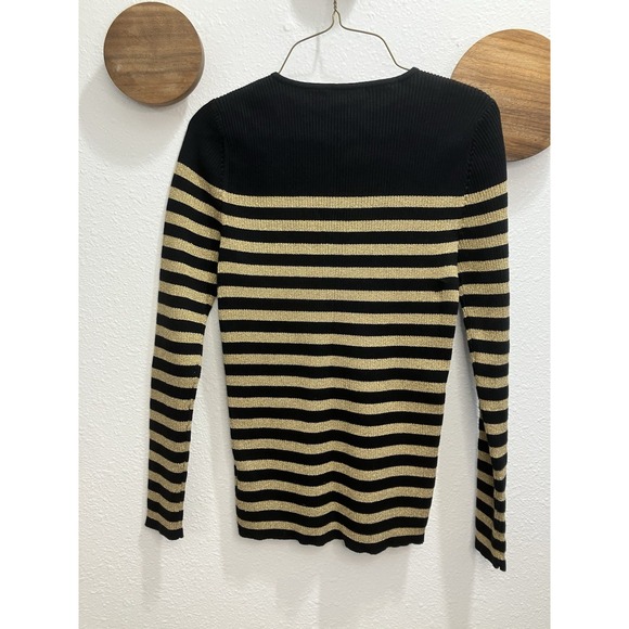 Lauren Ralph Lauren Preppy Sweater Womens Medium Classic Black Gold Stripe - Picture 5 of 14